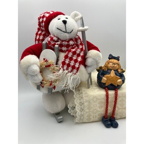 Christmas Skiing Polar Bear Figure & Angel Dangle Leg Shelf Sitter Holiday Decor - Picture 1 of 7